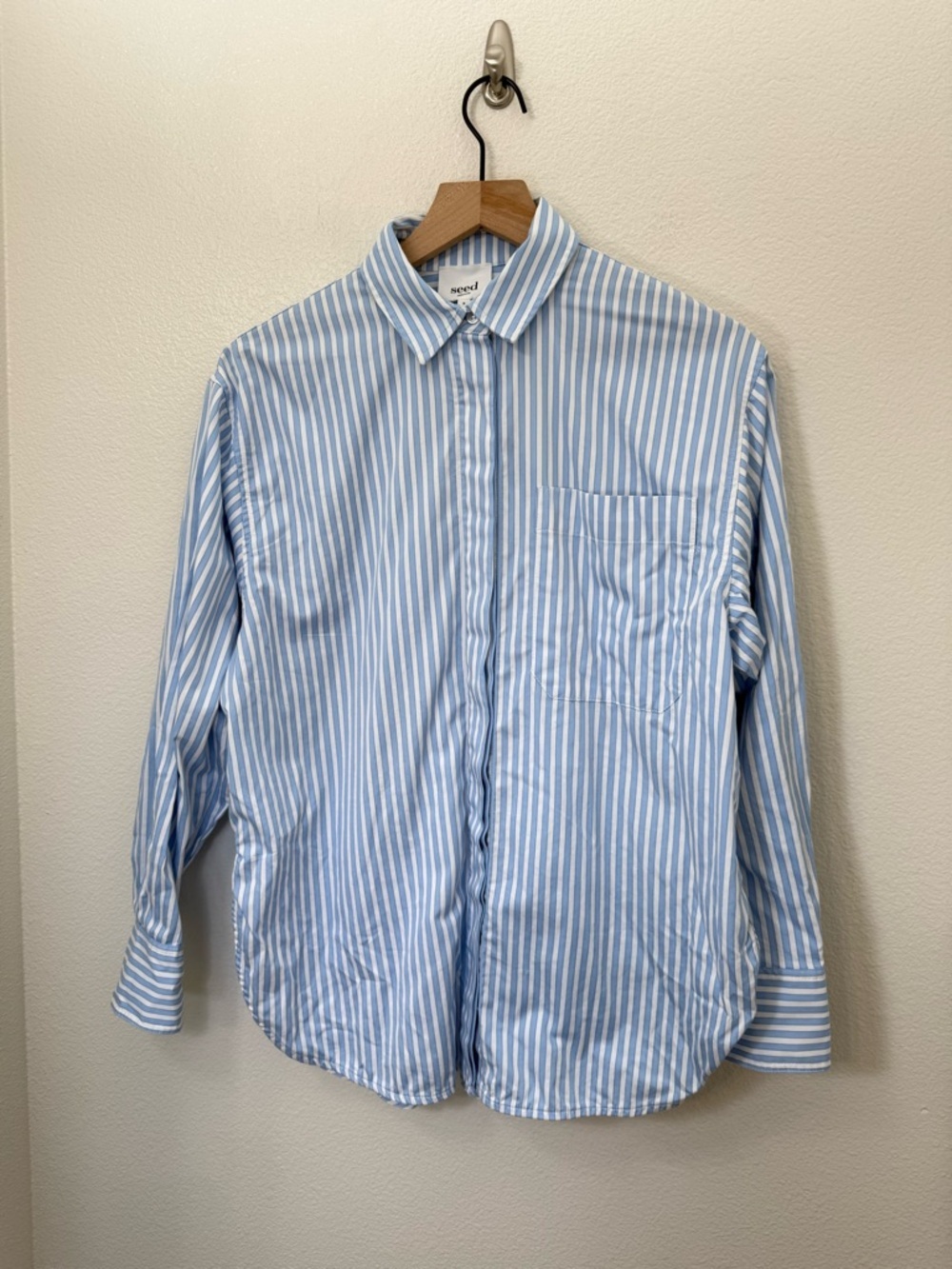 Seed Heritage Cotton Stripe Shirt in Frost Blue Stripe Size 8 - Picture 3 of 11